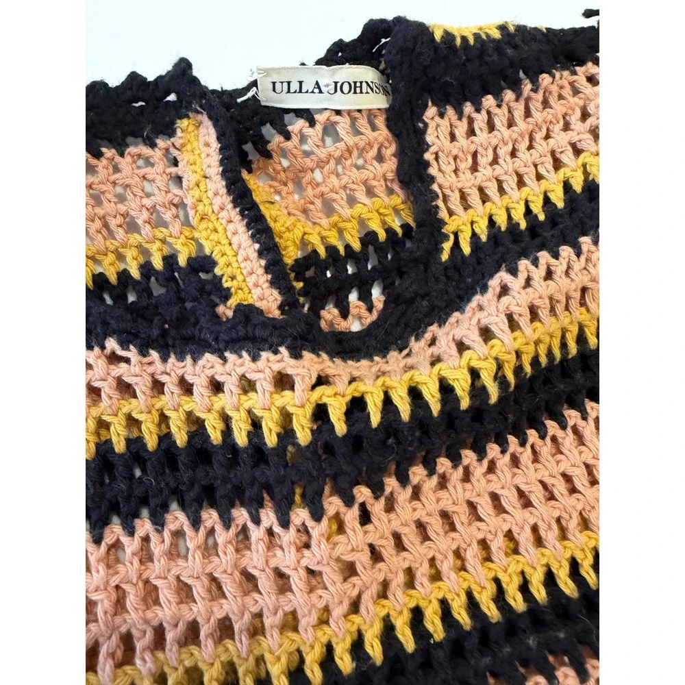 Ulla‎ Johnson Amata Crochet Knit Striped Puff Sleeve Top Pink Yellow Black CS p
